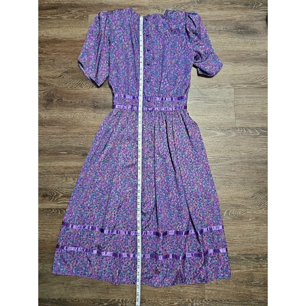 Maggy Boutique Vintage 80s Purple & Green Short Sleeve Midi Dress Size 8 - Picture 12 of 13